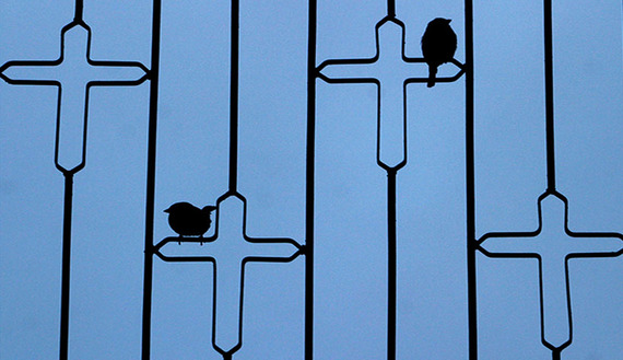 Sparrows sit on crosses at St. Matthew's monastery on Mount Maqloub, northeast of Mosul, Jan. 7, 2004. 